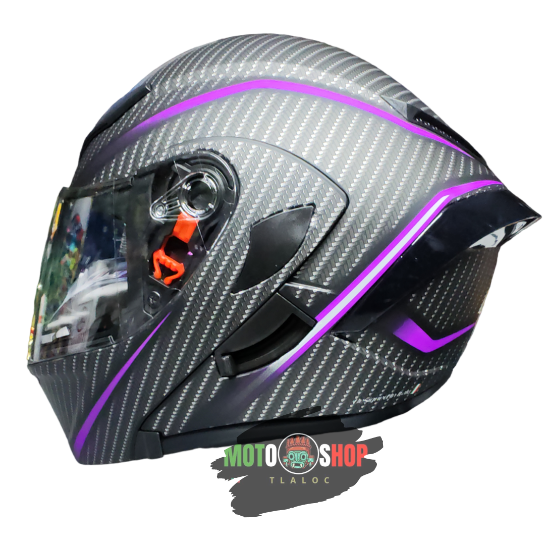 CASCO ABATIBLE IRON RACING CARBON VIOLETA CERTIFICACION DOT MOTO SHOP TLALOC