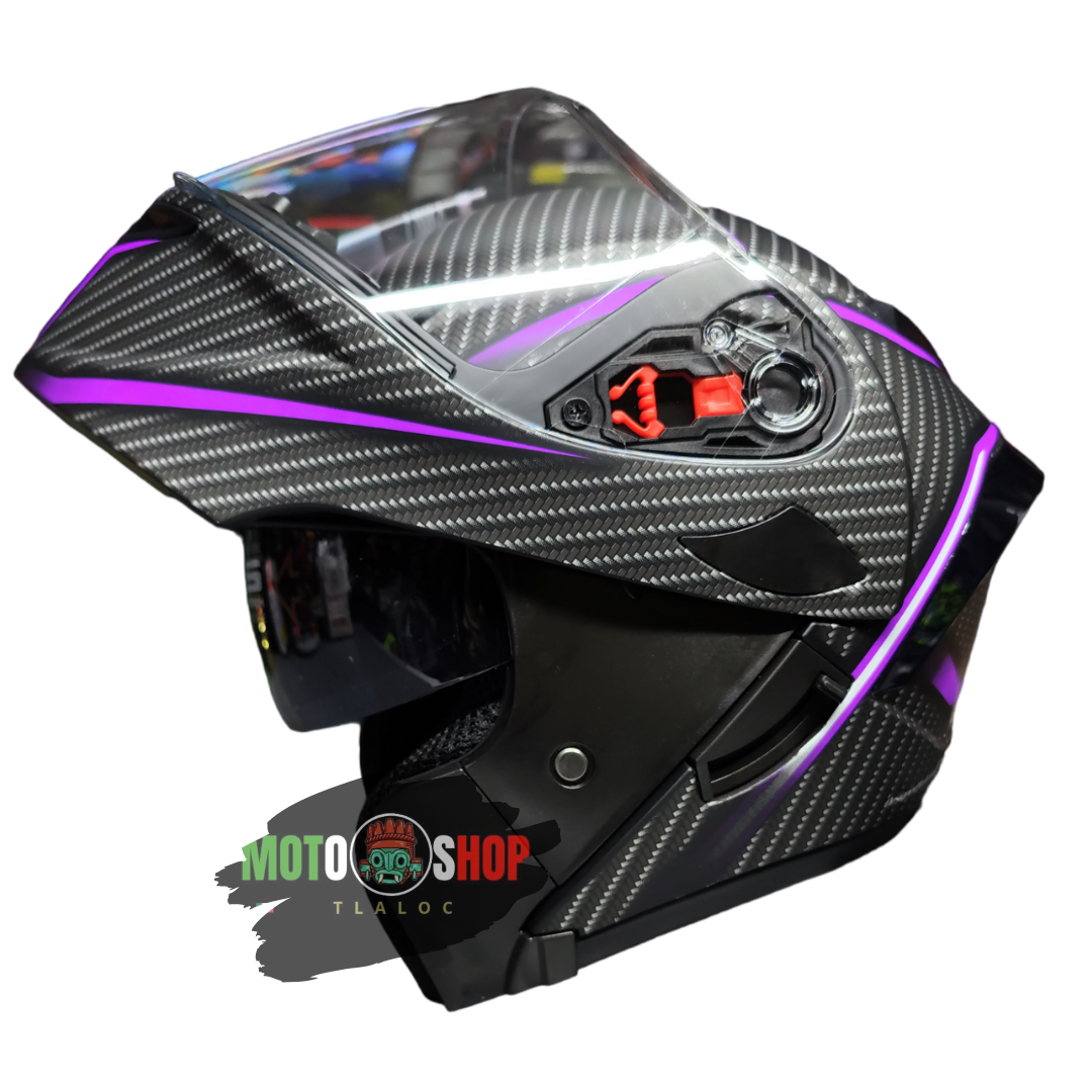 CASCO ABATIBLE IRON RACING CARBON VIOLETA CERTIFICACION DOT MOTO SHOP TLALOC